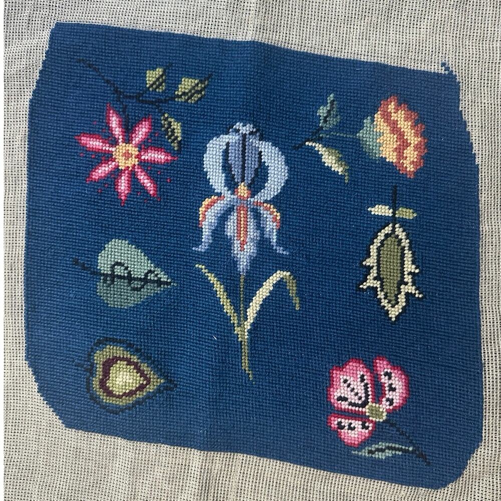 Vintage hand-stitched needlepoint canvas botanical garden floral dark blue12x13”